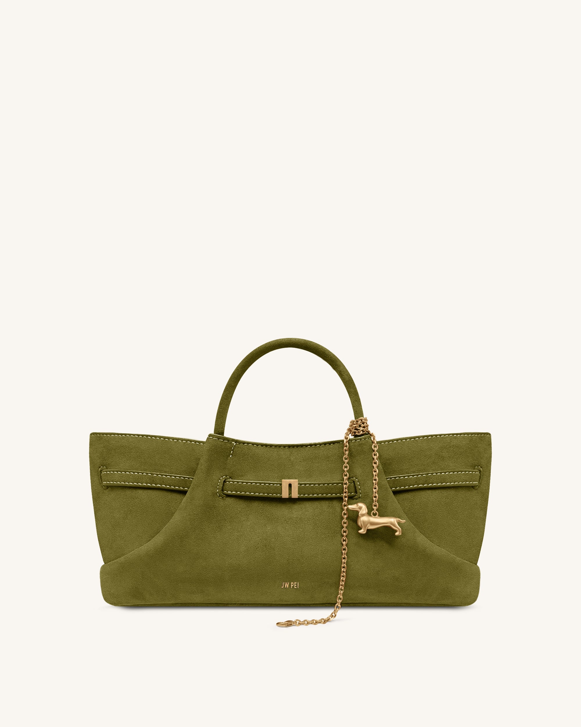 Maeve Dachshund Metal Charm Faux Suede Tote Bag - Olive Green