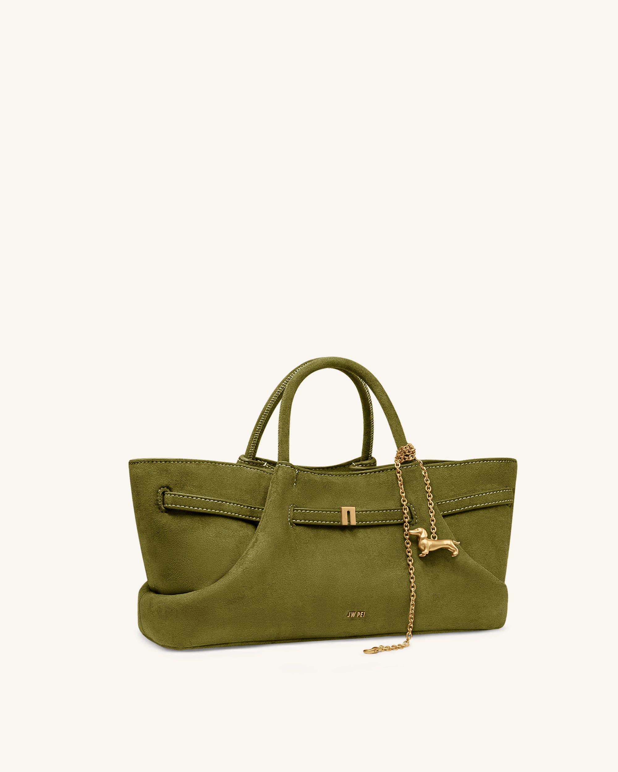 Maeve Dachshund Metal Charm Faux Suede Tote Bag - Olive Green | JW PEI