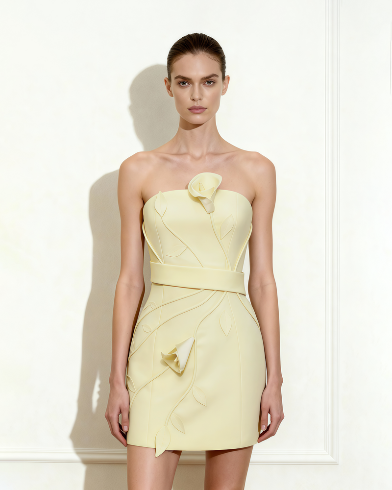 3D Floral Appliqué Strapless Mini Dress - Yellow