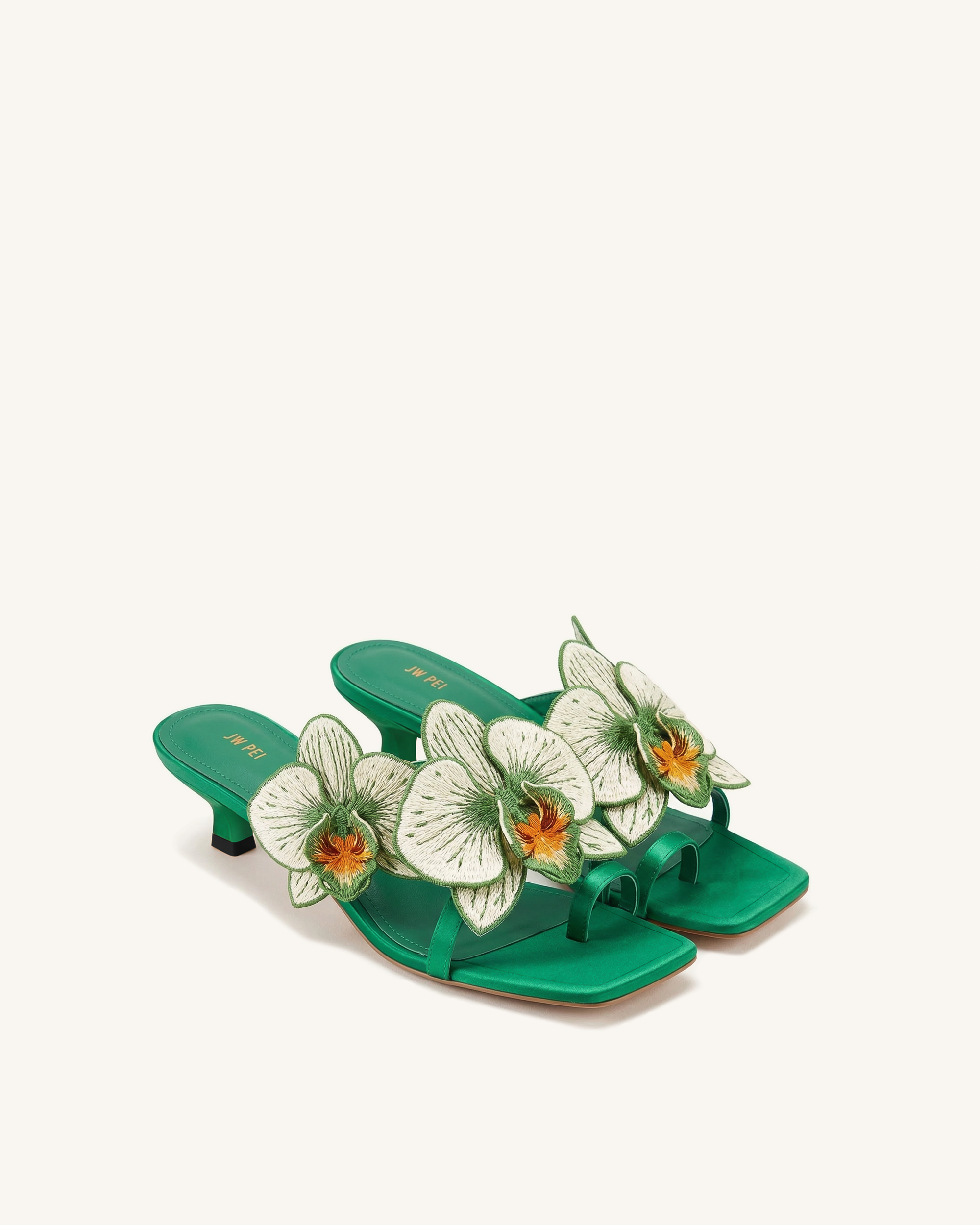Serena Orchid Embroidered Toe Ring Heeled Sandals - Emerald Green