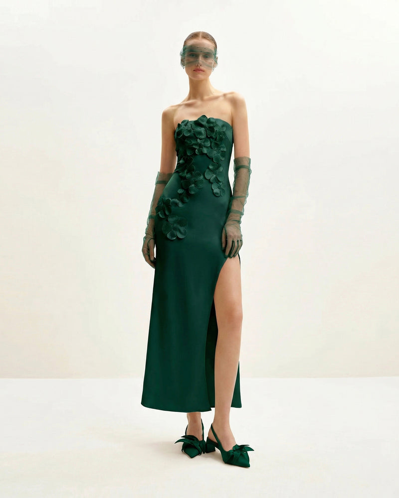 Floral Embroidered Long Dress - Dark Green