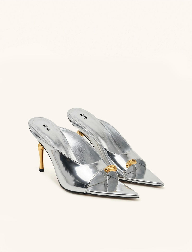 Noemi Pointed-Toe Mule Heels - Silver
