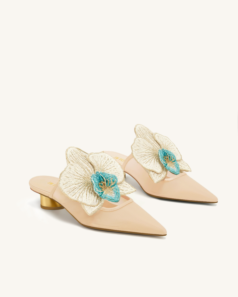 Helena Embroidery Decoration Pierced Mules - Khaki