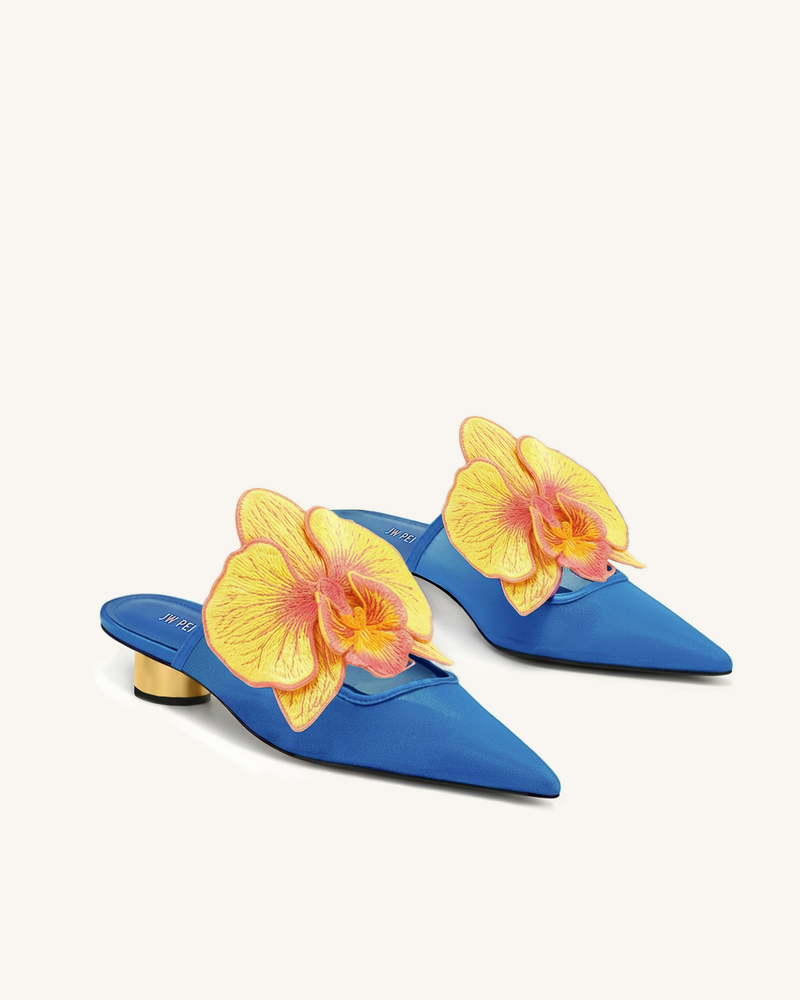 Helena Embroidery Decoration Pierced Mules - Deep Blue