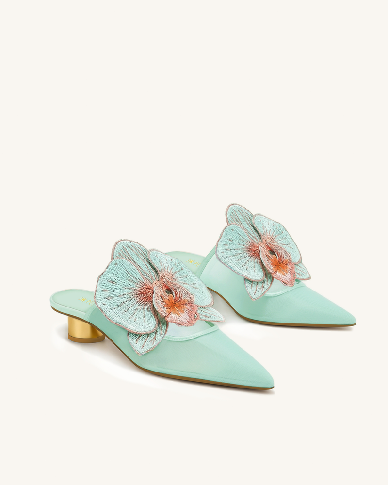 Helena Embroidery Decoration Pierced Mules - Green