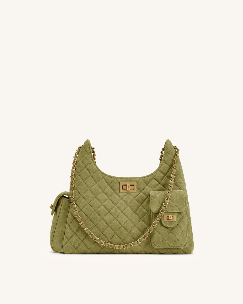 Vivian Faux Suede Quilted Shoulder Bag - Olive