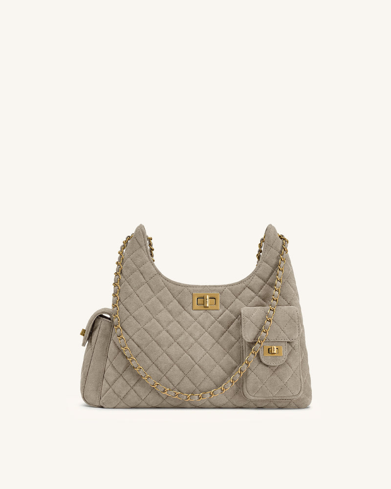Vivian Faux Suede Quilted Shoulder Bag - Grey