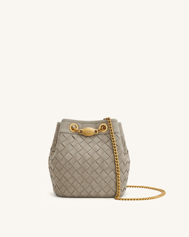 Yara Faux Suede Hand-Woven Bucket Bag - Grey