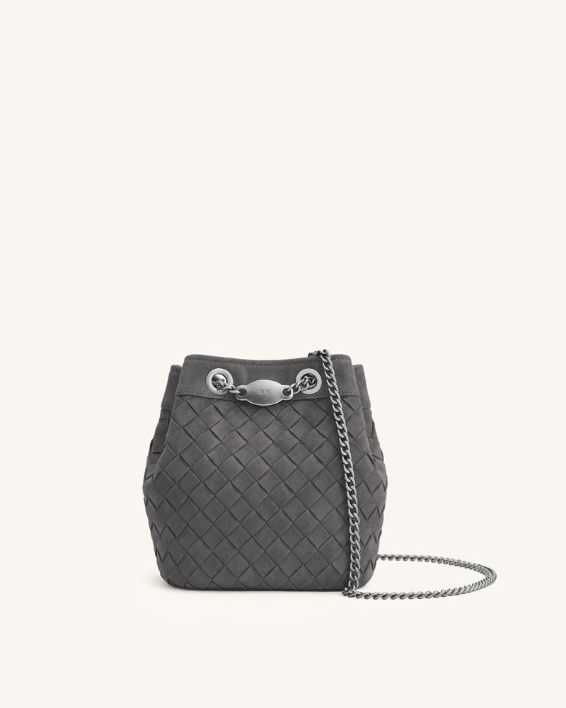 Yara Faux Suede Hand-Woven Bucket Bag - Dark Grey