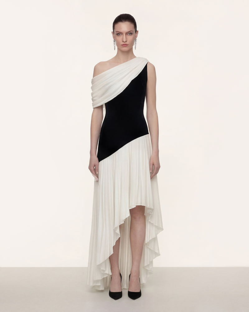 Asymmetrical Pleated One Shoulder Dress - Black White