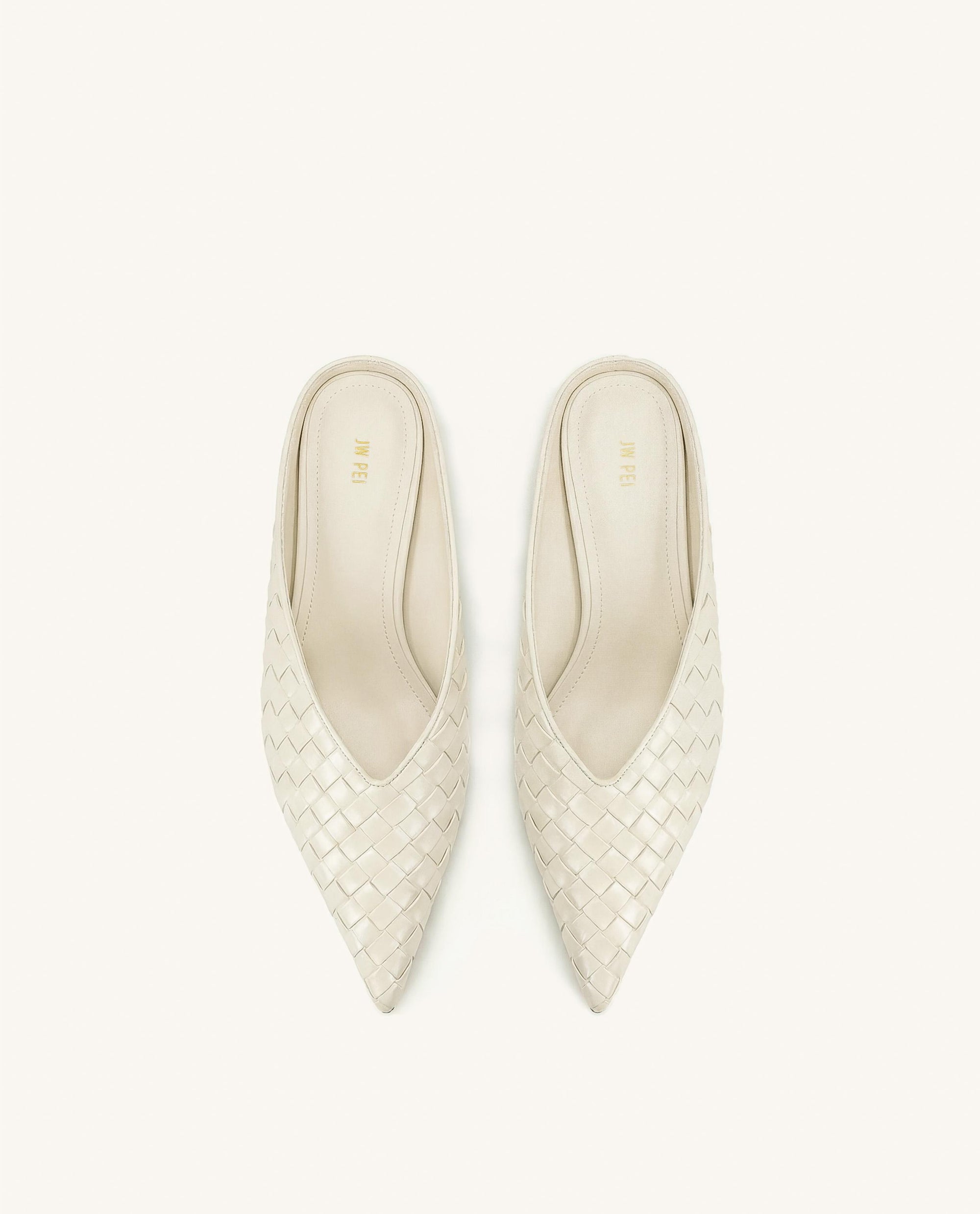 Helena Woven Textured Pointed Toe Mules - Beige