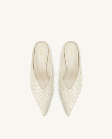 Helena Woven Textured Pointed Toe Mules - Beige