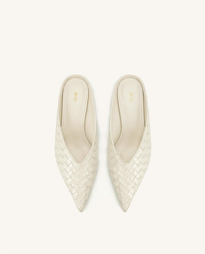 Helena Woven Textured Pointed Toe Mules - Beige