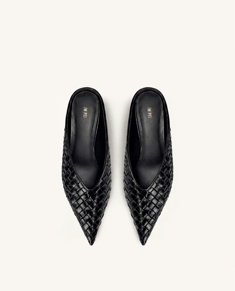 Helena Woven Textured Pointed Toe Mules - Black