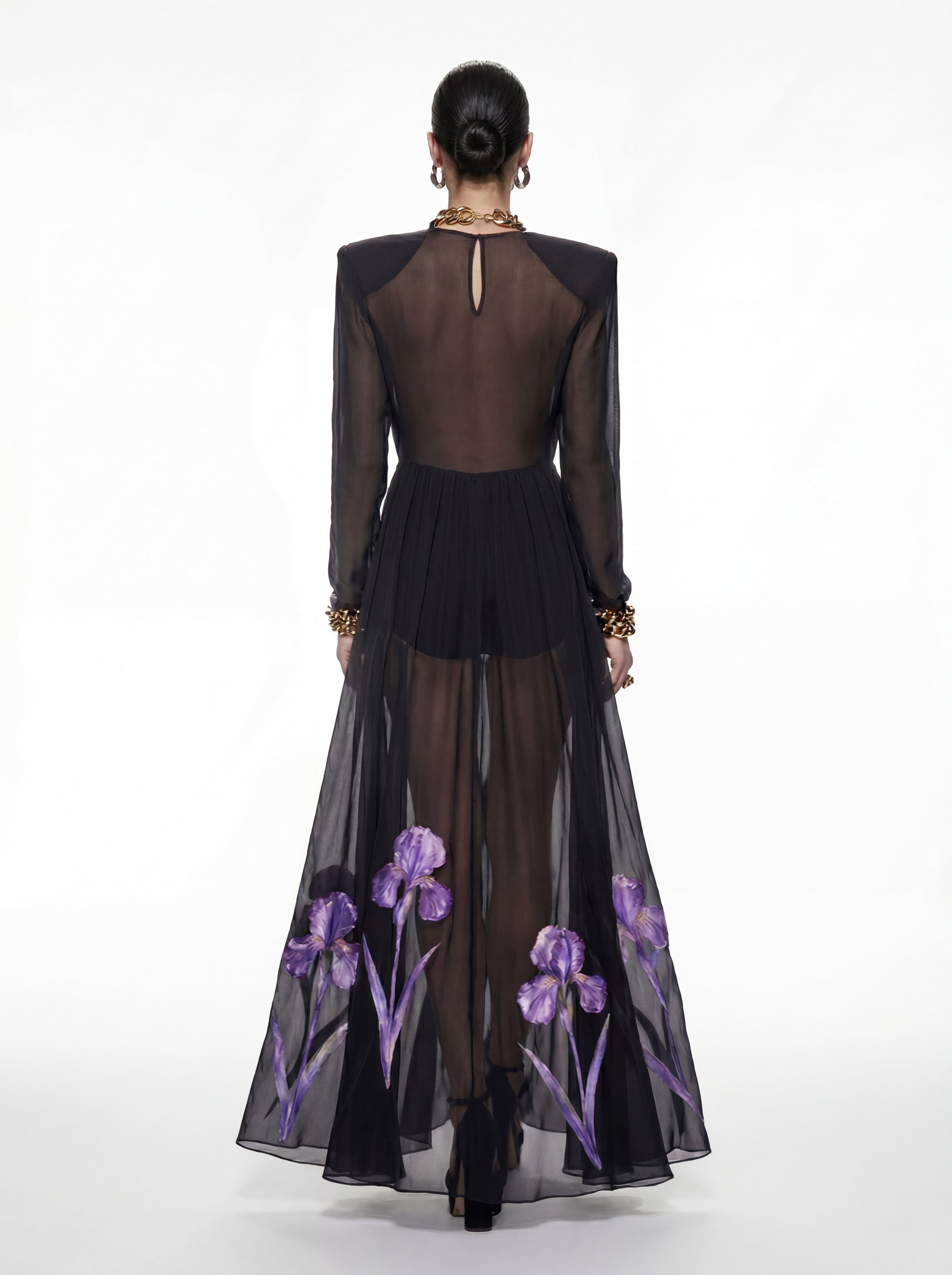 Iris Floral Print Long-Sleeve Sheer Gown - Black/Purple | JW PEI Iris Floral Print Long-Sleeve Sheer Gown - Black/Purple | JW PEI