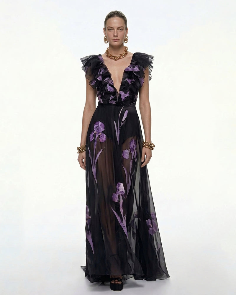 Ruffled Floral Maxi Dress - Black