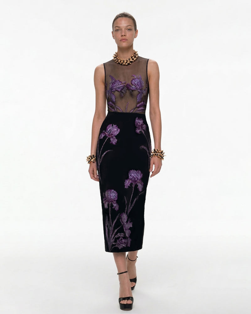 Sheer Floral Print Paneled Dress - Black