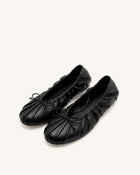 Elara Ruched Drawstring Ballet Flats - Black