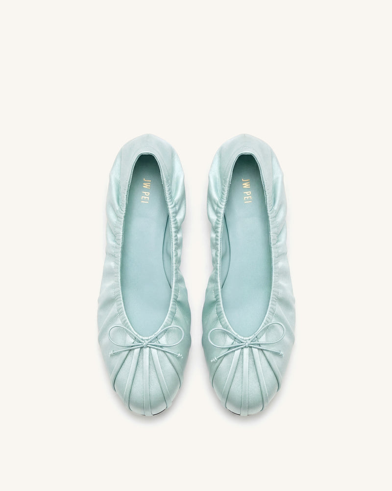 Elara Ruched Drawstring Satin Ballet Flats - Blue