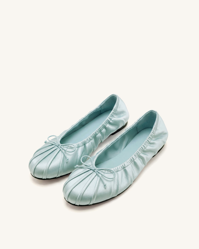 Elara Ruched Drawstring Satin Ballet Flats - Blue