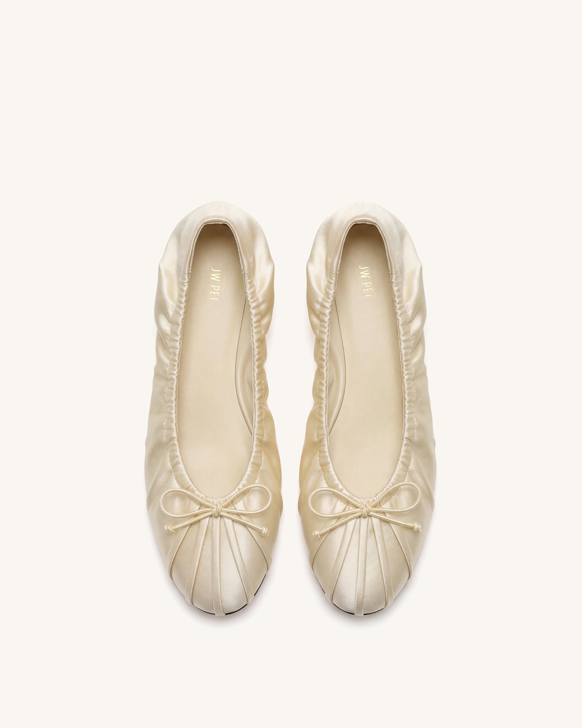 Elara Ruched Drawstring Satin Ballet Flats - Beige