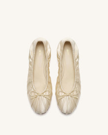 Elara Ruched Drawstring Satin Ballet Flats - Beige