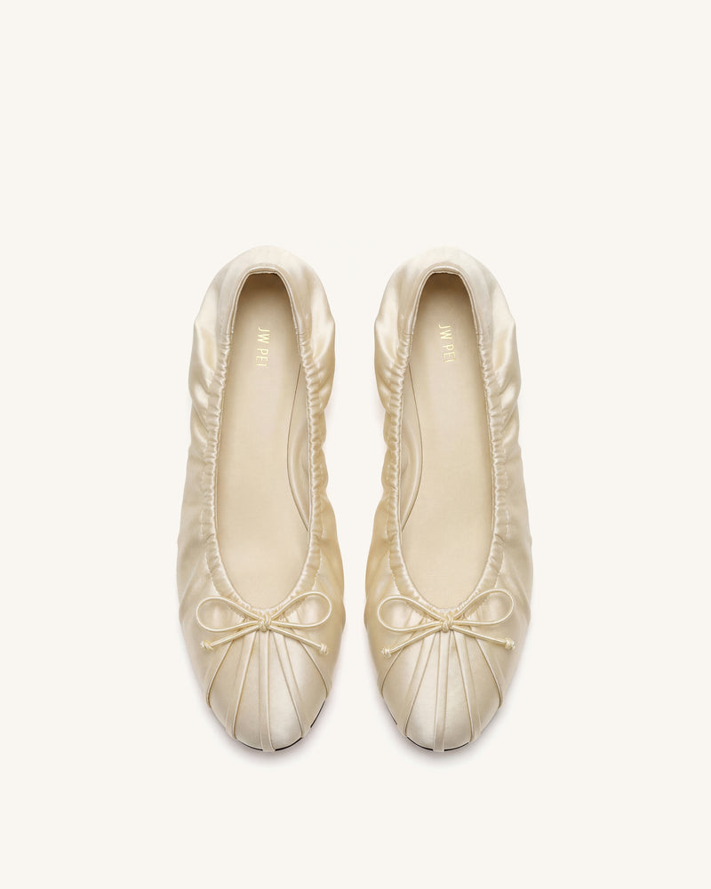 Elara Ruched Drawstring Satin Ballet Flats - Beige