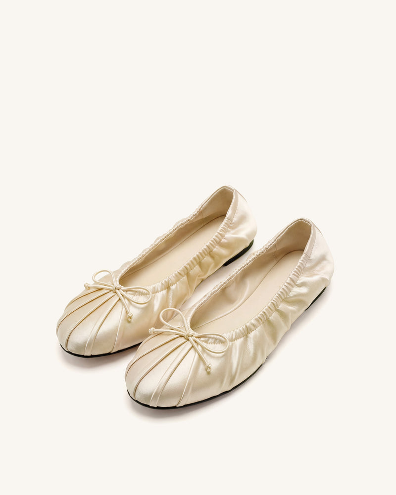 Elara Ruched Drawstring Satin Ballet Flats - Beige