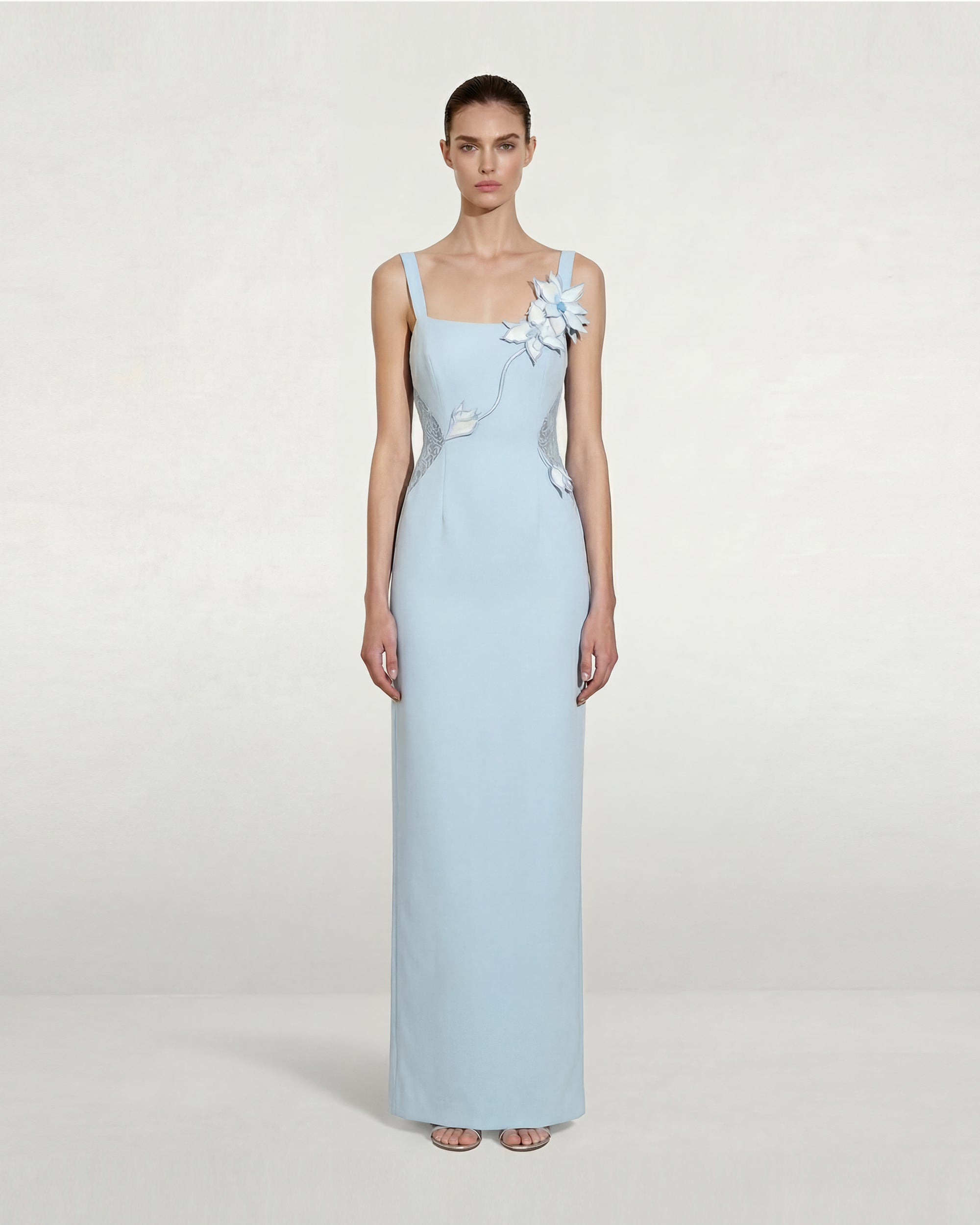 Floral Appliqué Lace Panel Maxi Dress - Light Blue