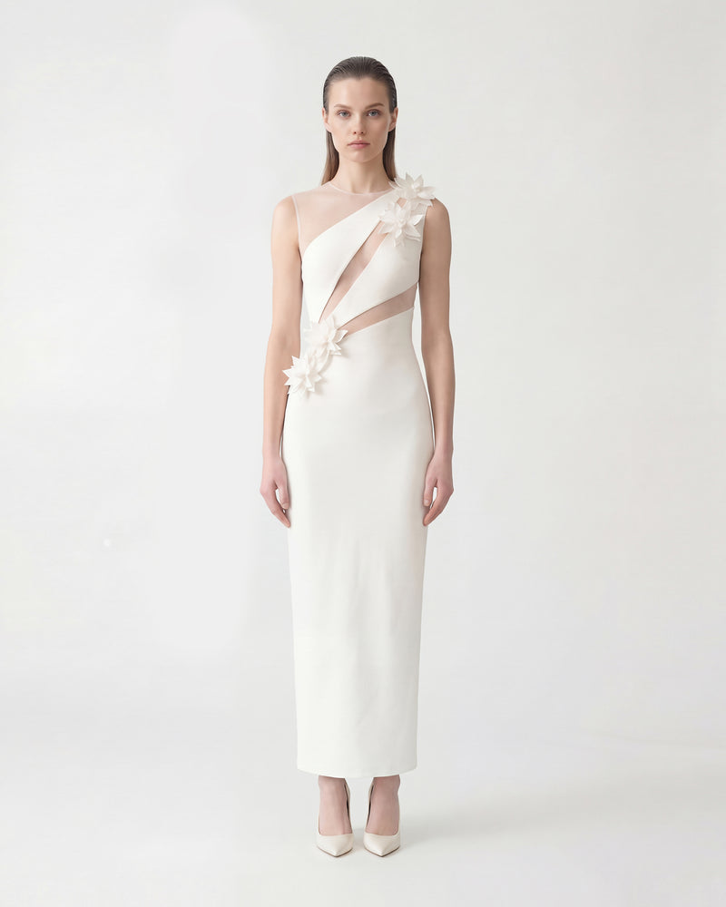 Floral Appliqué Cutout Maxi Dress - White