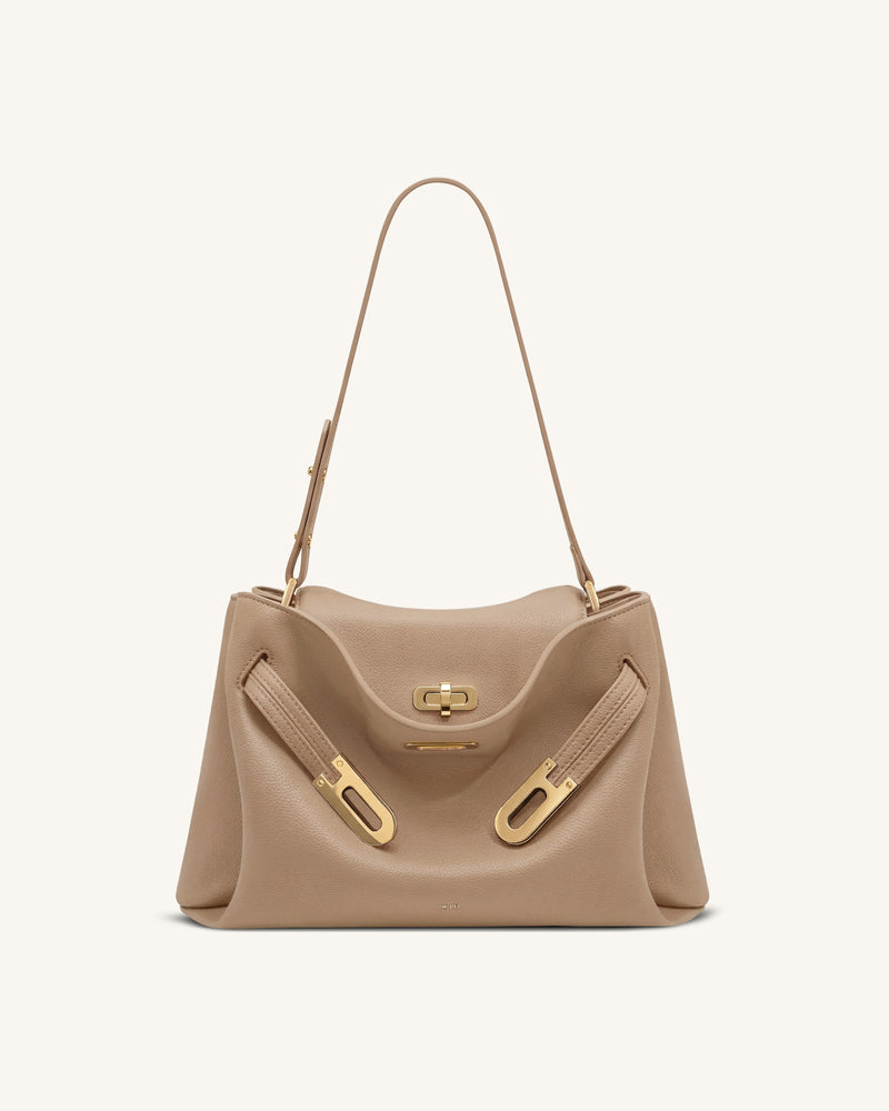 Rhea Pebbled Double Buckle Shoulder Bag - Khaki