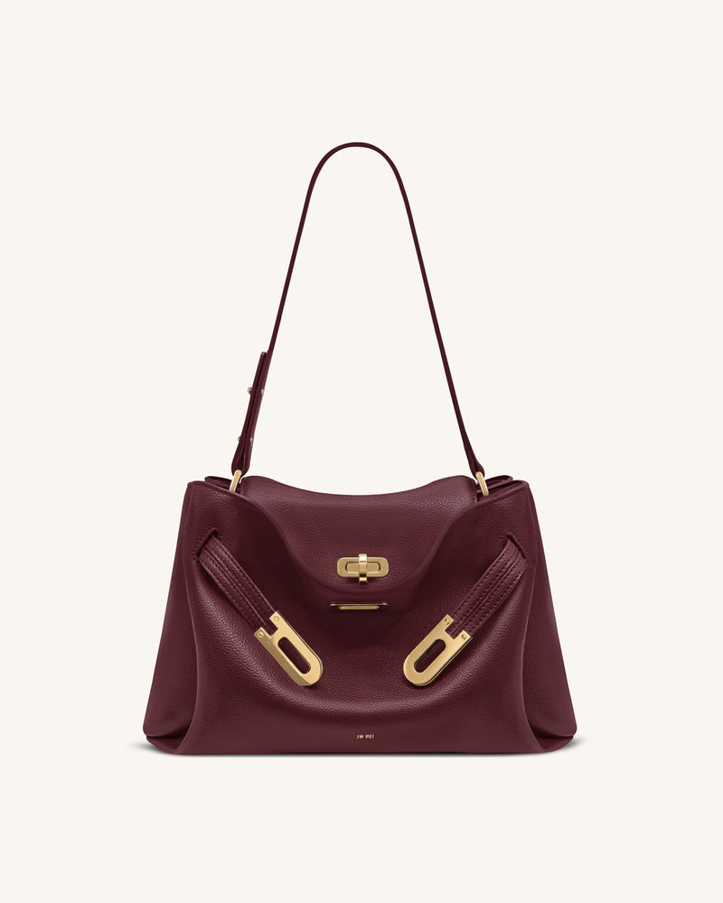 Rhea Pebbled Double Buckle Shoulder Bag - Dark Burgundy