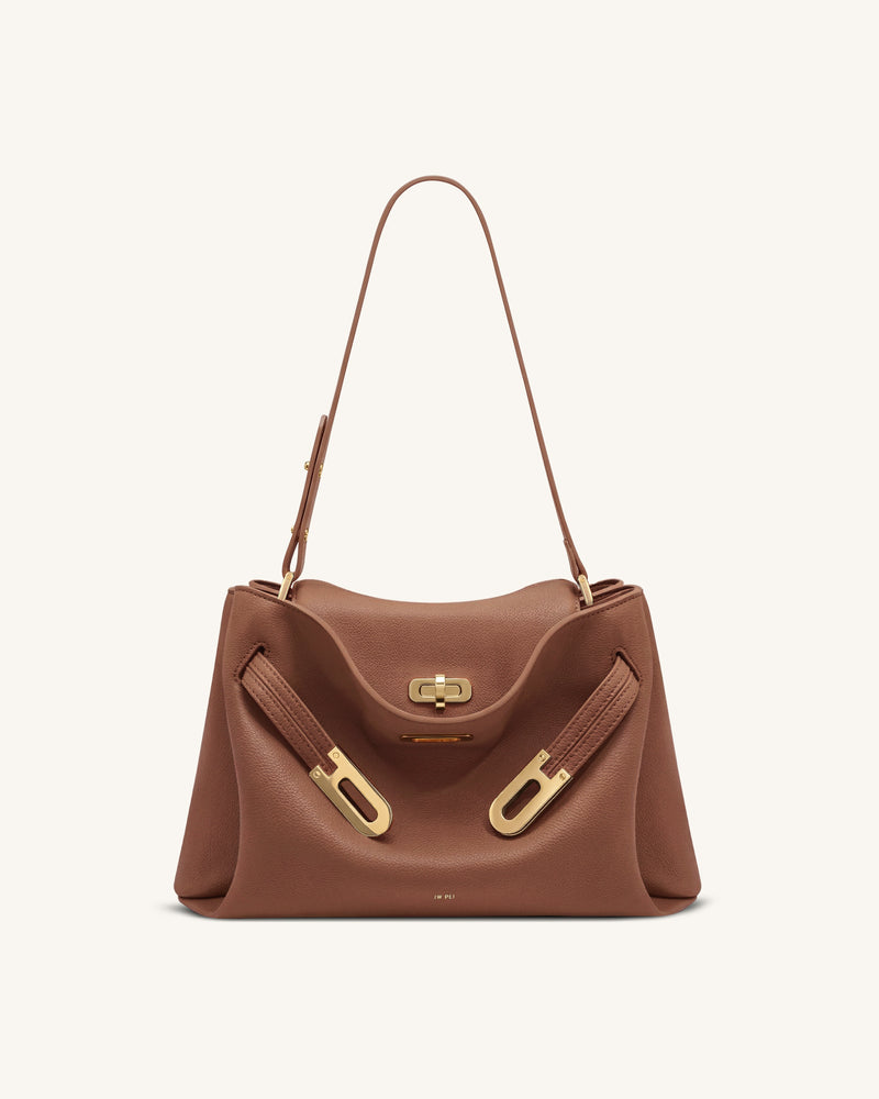 Rhea Pebbled Double Buckle Shoulder Bag - Earth Brown