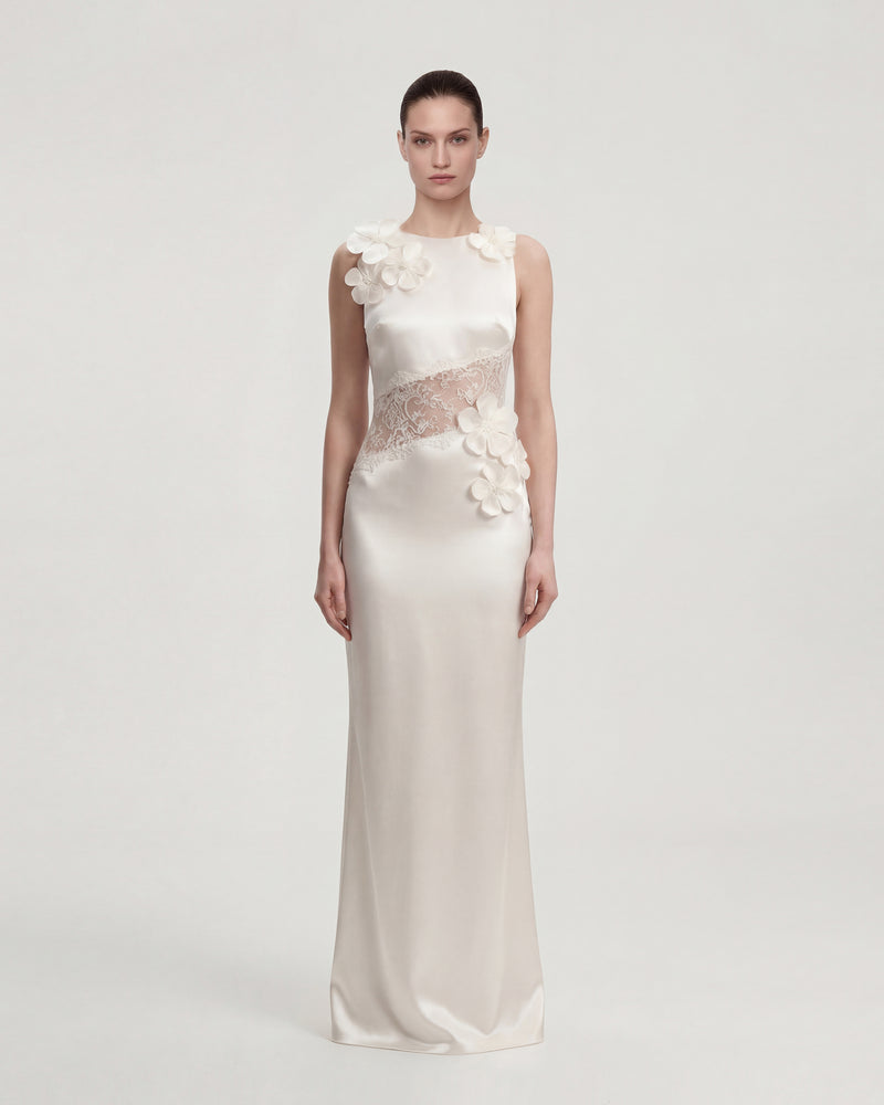 Floral Appliqué Lace Panel Dress - Ivory