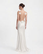 3D Floral Appliqué Satin Dress - White