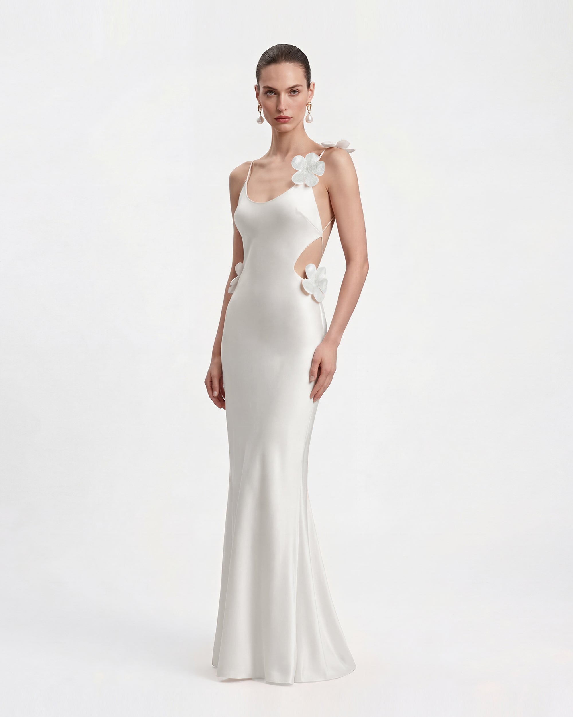 3D Floral Appliqué Satin Dress - White 3D Floral Appliqué Satin Dress - White