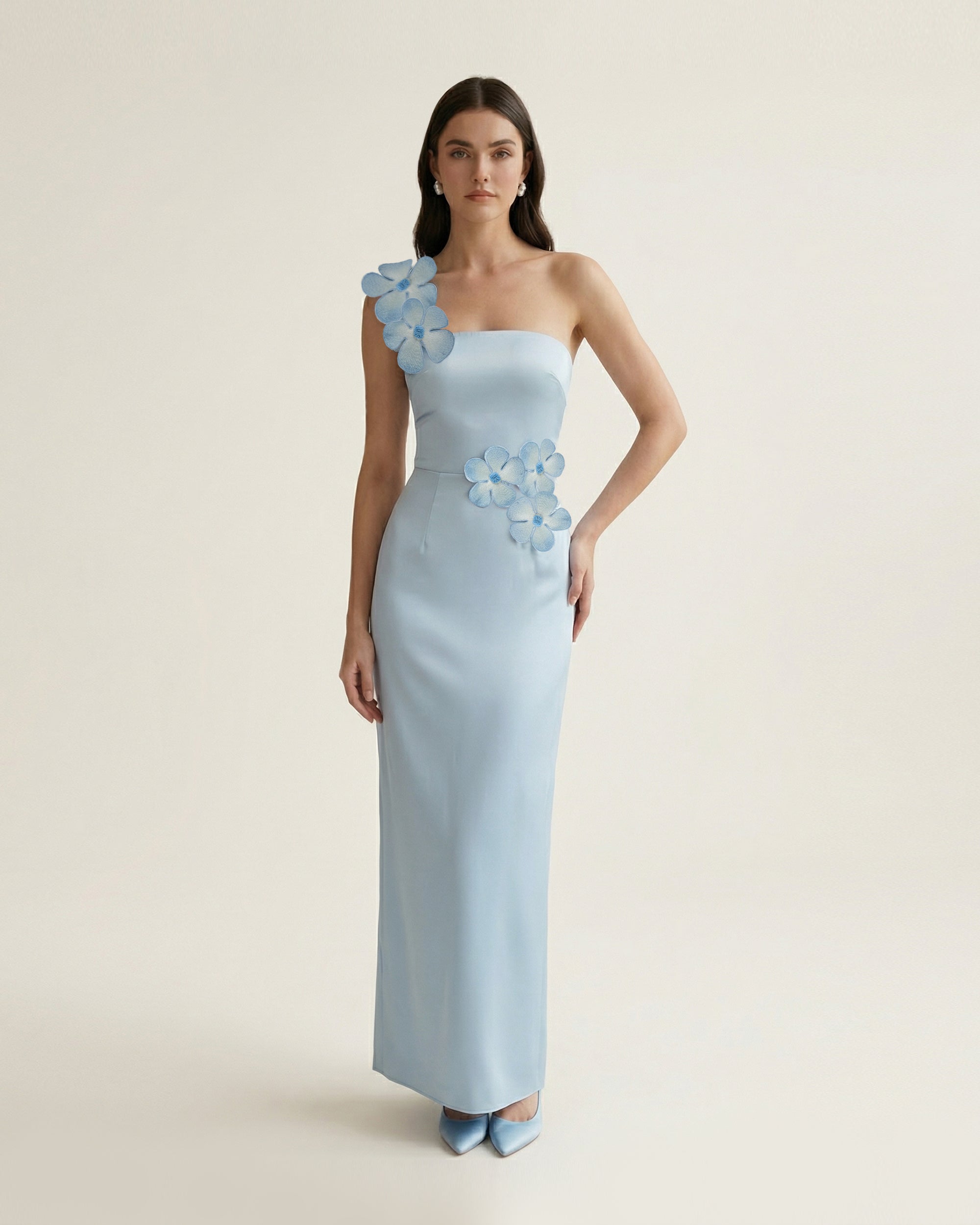 Floral Appliqué One Shoulder Dress - Light Blue