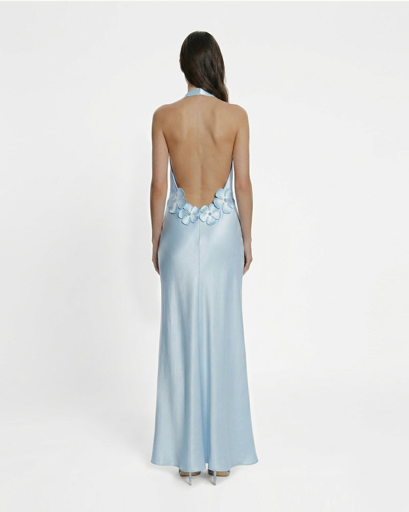 Floral Appliqué Halter Maxi Dress - Light Blue