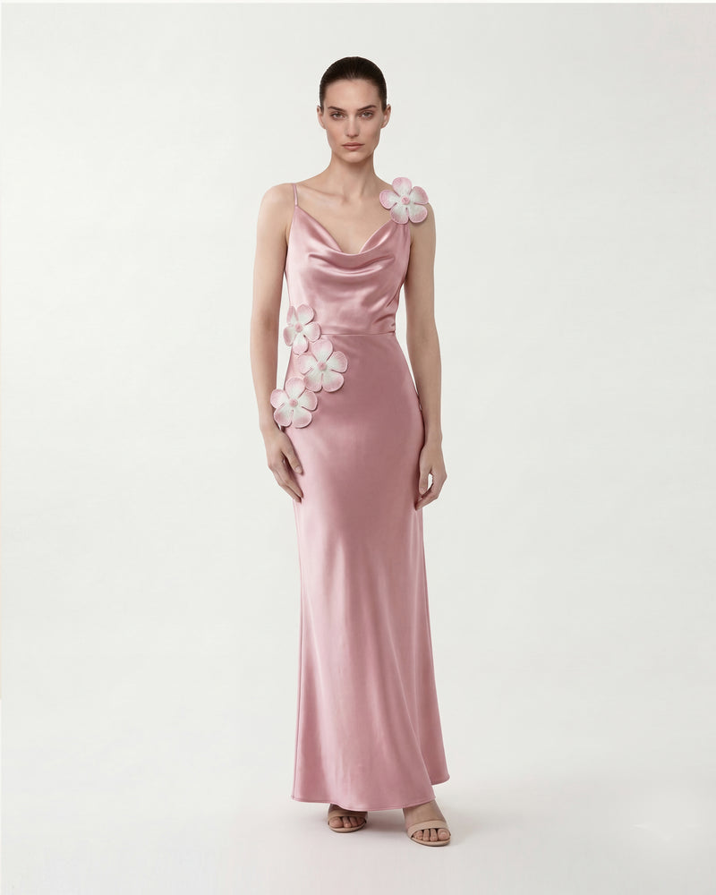 Floral Appliqué Satin Maxi Dress - Pink