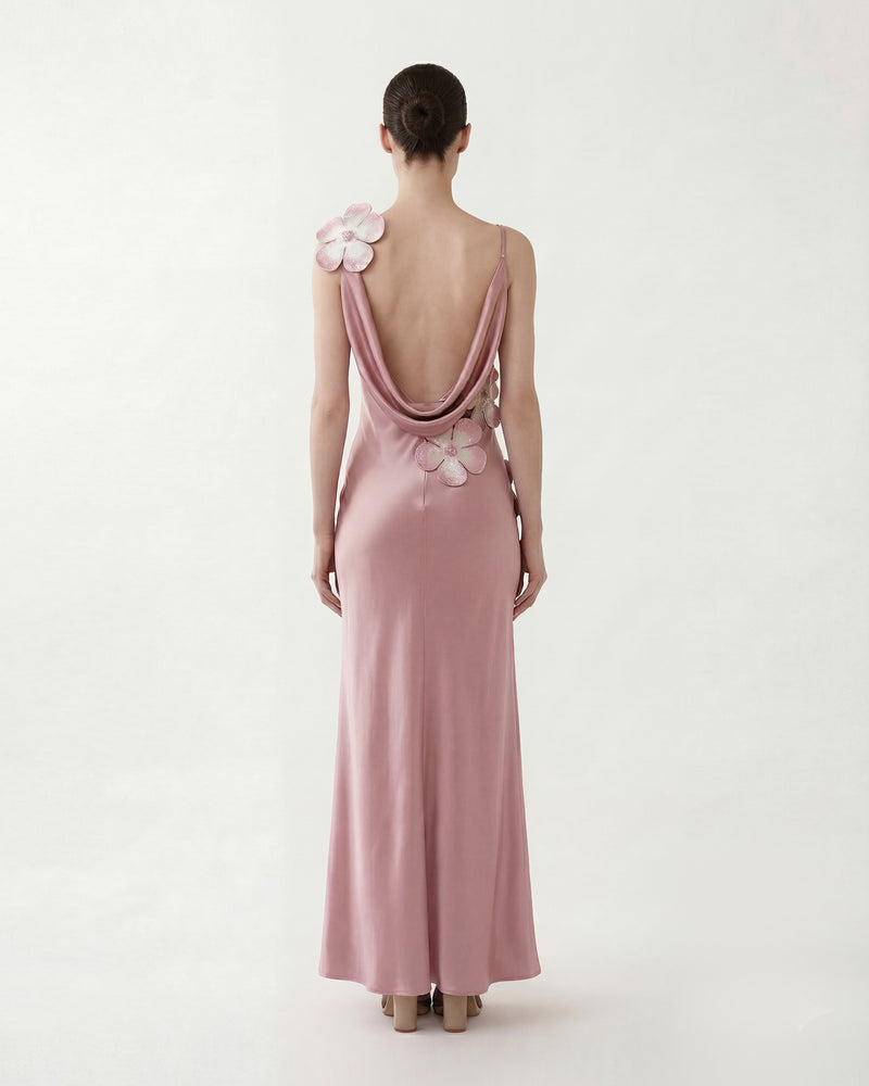Floral Appliqué Satin Maxi Dress - Pink
