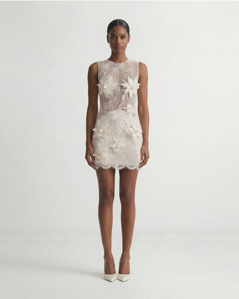 Floral Appliqué Lace Mini Dress - White