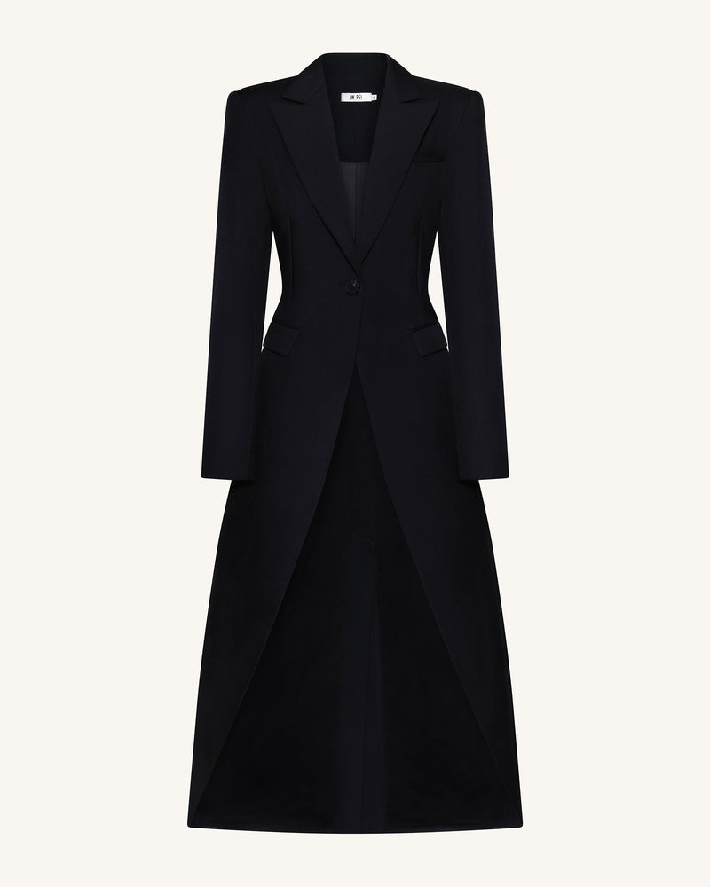 Structured Peak-Lapel Cutaway Maxi Blazer - Black