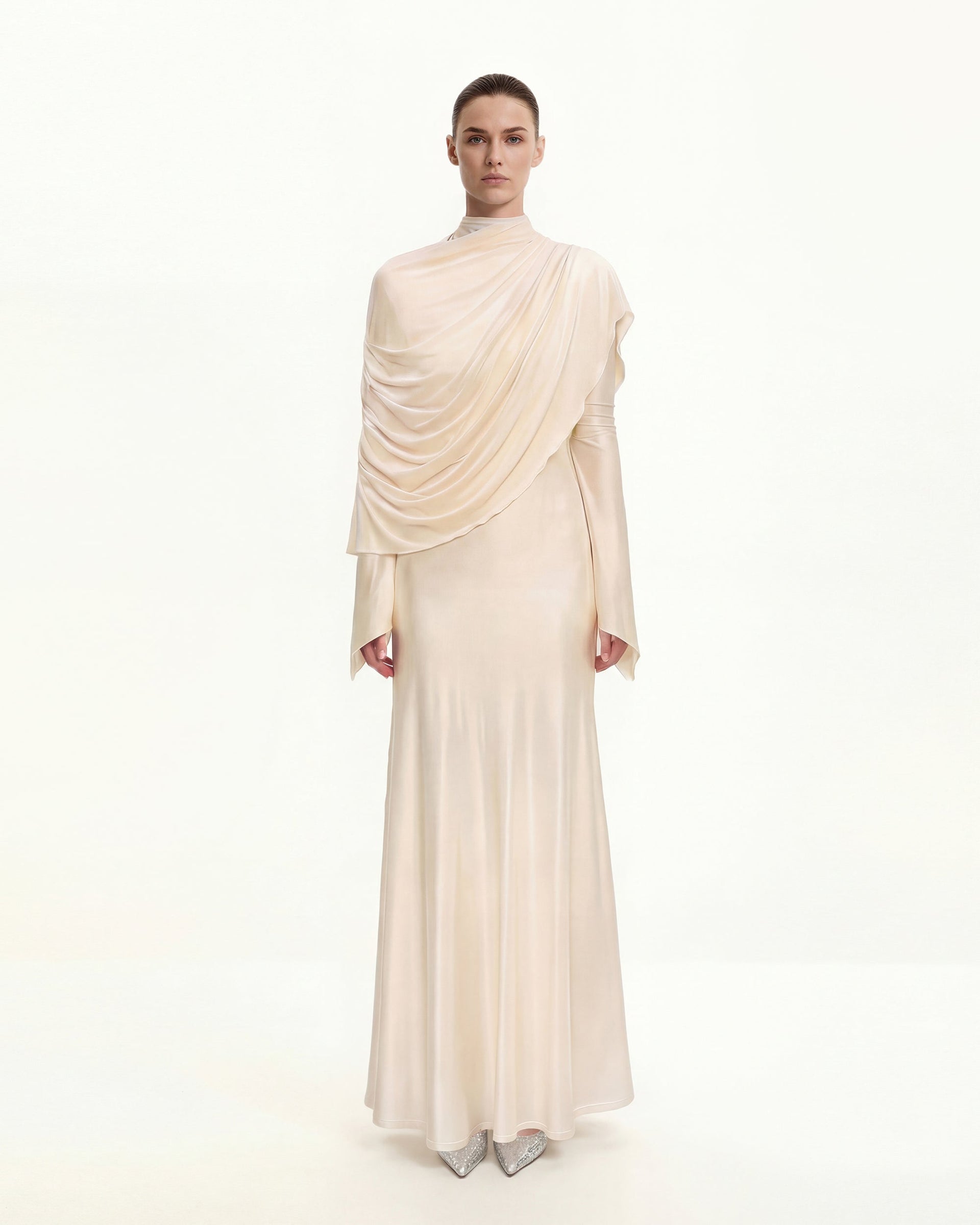 Sheer Shawl Ruched Bodycon Maxi Gown