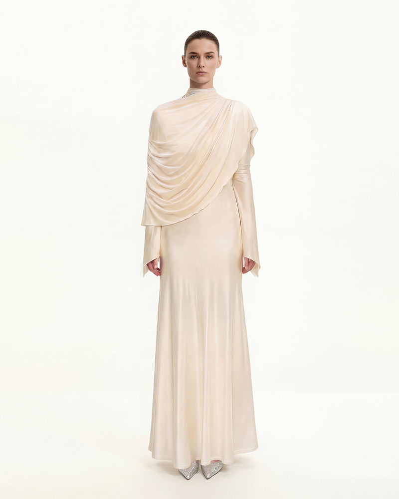 Sheer Shawl Ruched Bodycon Maxi Gown - Cream