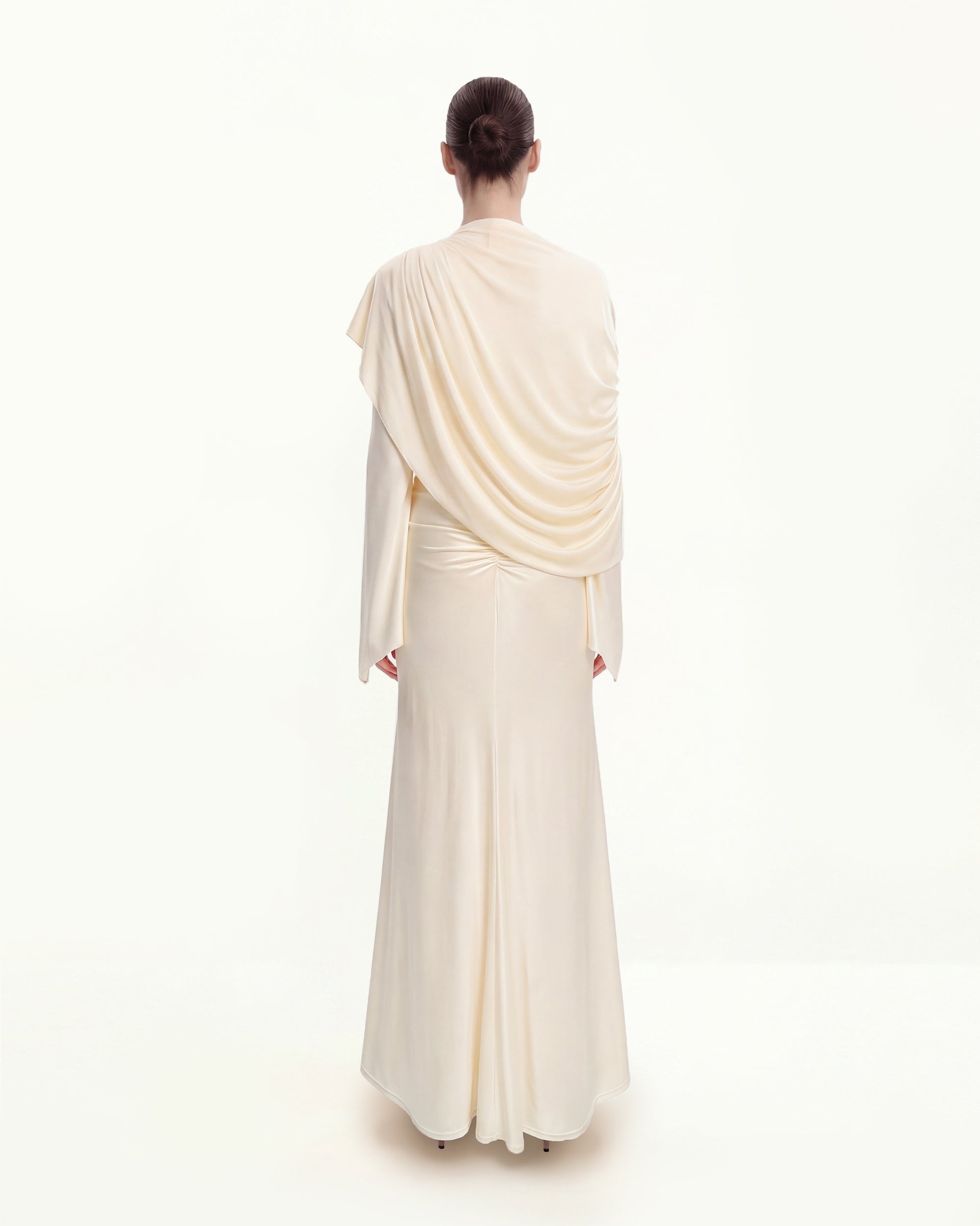 Sheer Shawl Ruched Bodycon Maxi Gown - Cream 4