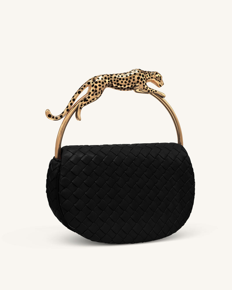 Ione Leopard Shaped Hardware Handle Woven Top Handle Bag - Black