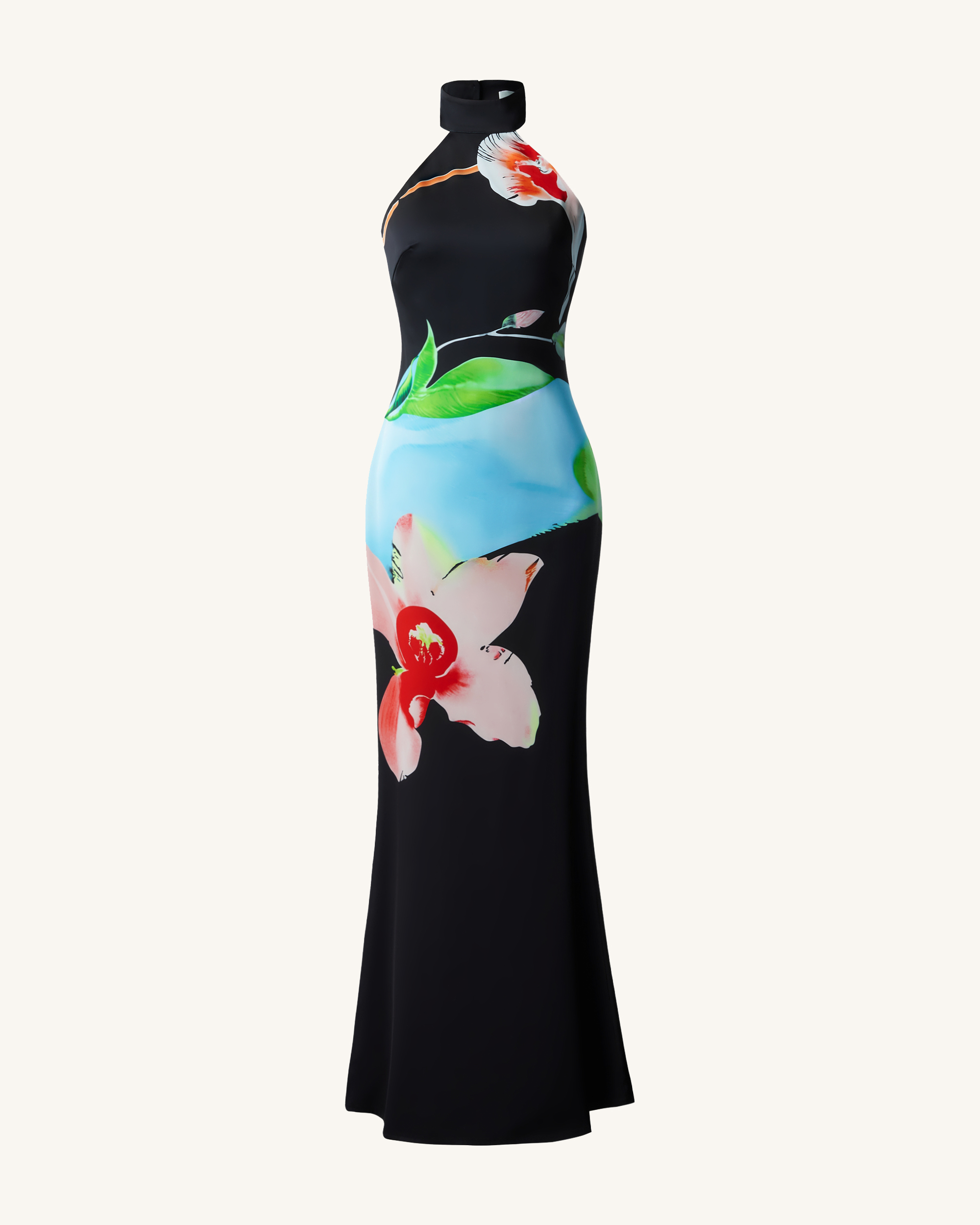 Floral Satin Halter Dress - Multicolor Black 10