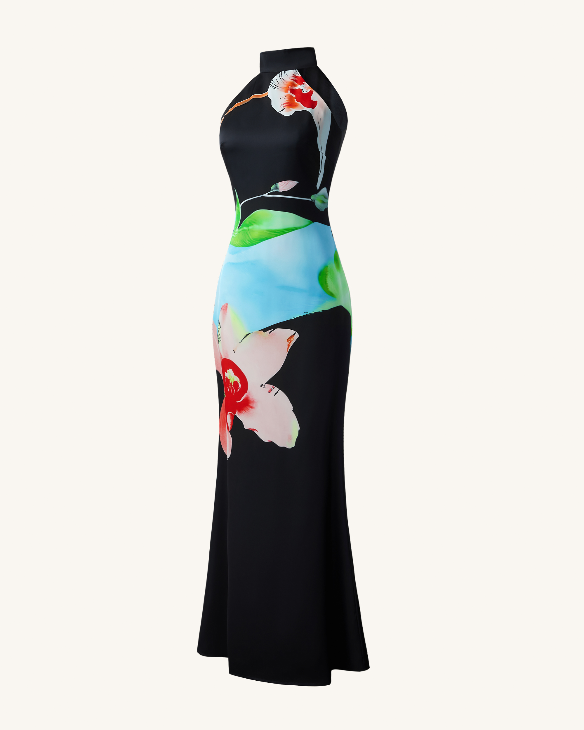 Floral Satin Halter Dress - Multicolor Black 10