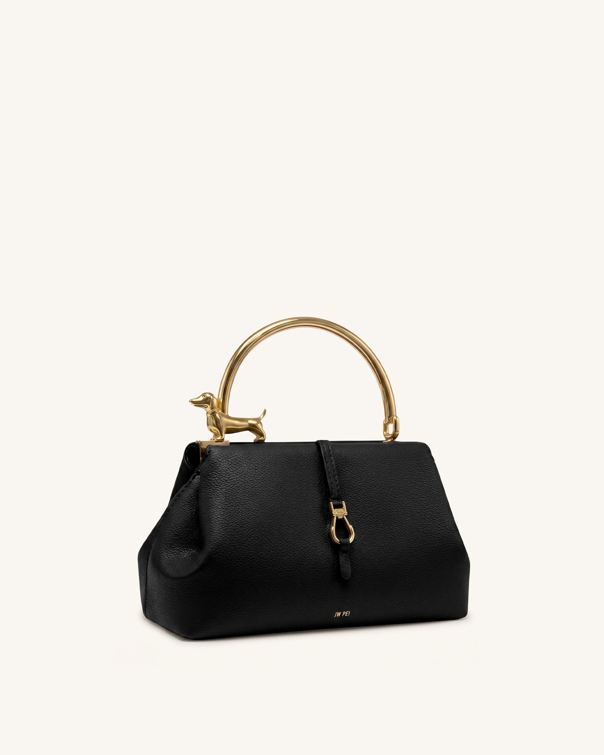 Bruna Dachshund Metal Handle Top Handle Bag - Black | JW PEI