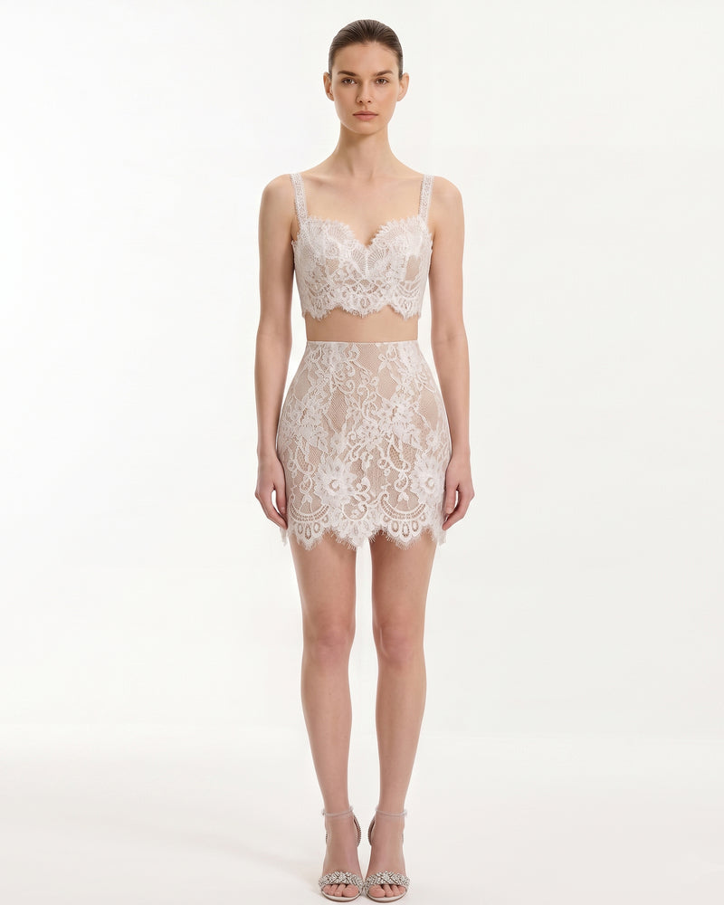 Floral Lace High Waist Skirt - White